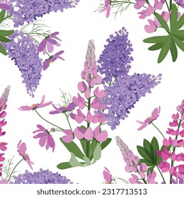 Seamless vector illustration with blooming lilac and lupine on a white background. For decorating textiles, packaging, web design.