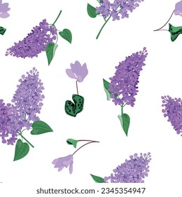 Seamless vector illustration with blooming lilac and cyclamen on a white background. For decorating textiles, packaging, web design.