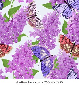 Seamless vector illustration with blooming lilac and butterflies. For decorating textiles, packaging.