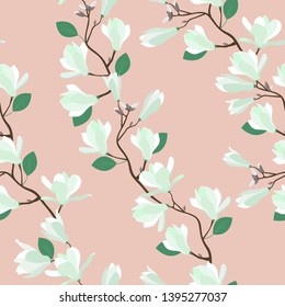 Seamless vector illustration of a blooming magnolia on a pink background. For decoration of textiles, packaging, wallpaper.
