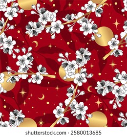 Seamless vector illustration. Blooming sakura on a red background. For textile decoration, packaging, web design.