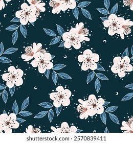 Seamless vector illustration. Blooming white sakura on a blue background. For textile decoration, packaging, web design.