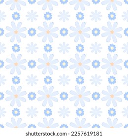 Seamless vector illustration.  Blue daisies on white background. Illustration concept for fabric print or book cover.  Gift wrapping paper.
