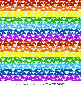 Seamless vector illustration with blue hearts on iridescent colored stripes, textured.
