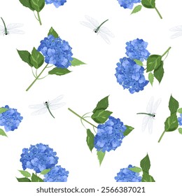 Seamless vector illustration with blue hydrangea and dragonfly on a white background. For decorating textiles, packaging, paper.