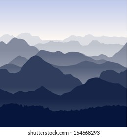Seamless vector illustration. Blue mountains in the fog.