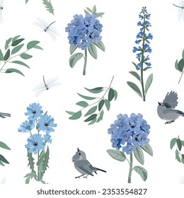 Seamless vector illustration with blue rhododendron, birds and dragonflies on a white background. For decorating textiles, packaging, paper.