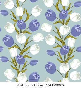 Seamless vector illustration with blue and white tulips. Vertical. For decorating textiles, packaging, wallpaper.