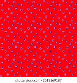 Seamless vector illustration of bluish stars, squares, triangles, circles scattered on a red background. Beautiful wrapper, cover, textiles, wallpaper.