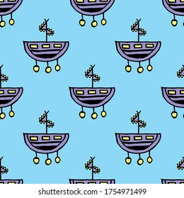 Ilustración vectorial sin inconvenientes de embarcaciones, remo y banderas sobre fondo azul marino claro, patrón para hacer trabajos de impresión de papel o de arte textil, para trabajos artísticos de verano y relacionados con el mar o el océano
