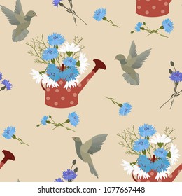 Seamless vector illustration of a bouquet of flowers of cornflowers ,chamomiles,birds, watering can . For decorating textiles, packaging and wallpaper.