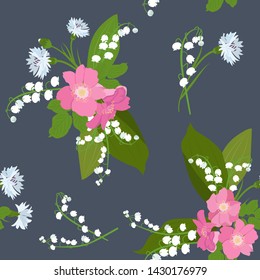 Seamless vector illustration with a bouquet of flowers wild rose, lily of the valley and cornflowers on a dark background. For decoration of textiles, packaging, web design.