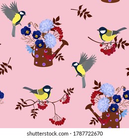 Seamless vector illustration of a bouquet of flowers of chrysanthemum,chamomile,birds, watering can. For decorating textiles, packaging and wallpaper.