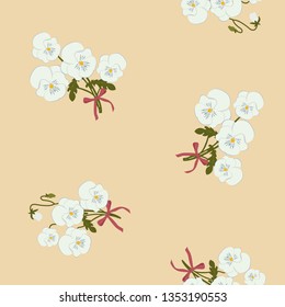 Seamless vector illustration with bouquet pansies on a beige background. For decorating textiles, packaging, web design.