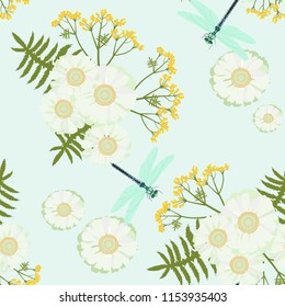 Seamless vector illustration with a bouquet of wildflowers and herbs. For decoration of textiles, packaging and web design.