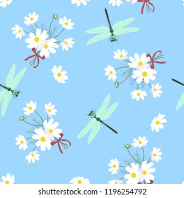 Seamless vector illustration with bouquets of cosmeja flowers and dragonflies on a blue background. For decorating textiles, packaging, covers.