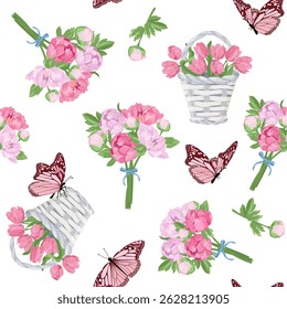Seamless vector illustration with bouquets of pink peonies, tulips and butterflies on a white background. For decorating textiles, packaging