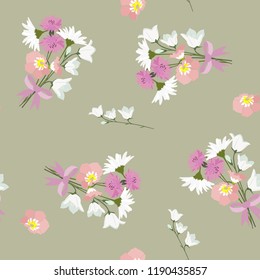 Seamless vector illustration with bouquets of wildflowers on a green background. For decoration of textiles, packaging, wallpaper.