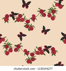 Seamless vector illustration with branches of apples and butterflies on a beige background. For decoration of textiles, packaging and web design.