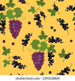 Seamless vector illustration with branches of grapes and berry black currant on a yellow background. For decorating textiles, packaging, web design.