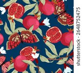 Seamless vector illustration with branches pomegranate and butterflies on a dark background. For decoration of textiles, packaging, wallpaper.