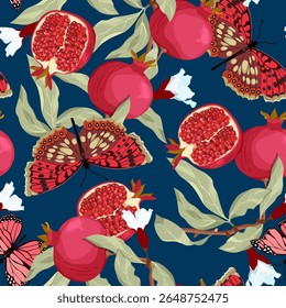 Ilustração de vetor sem costura com ramos romã e borboletas em um fundo escuro. Para decoração de têxteis, embalagem, papel de parede.