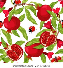 Ilustração de vetor sem costura com ramos romã e joaninhas em um fundo branco. Para decoração de têxteis, embalagem, papel de parede.