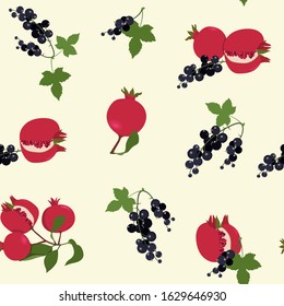 Seamless vector illustration with branches of ripe pomegranate and currant on a beige background. For textile decoration, packaging, web design.