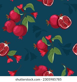 Nahtlose Vektorgrafik mit Ästen von reifem Granatapfel auf dunkelblauem Hintergrund. Für die Textildekoration, Verpackung, Webdesign.