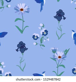 Seamless vector illustration with bright gerberas, pansies, iris on a blue background. For textile decoration, packaging, web design.