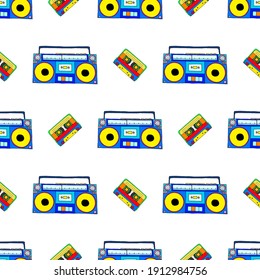 Seamless vector illustration with bright tape recorders and cassettes on a white background.