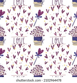 Seamless vector illustration with bunch of hearts, trees with hearts, lovely lollipops and lettering. Good for any birthdays, st Valentine’s Day or wedding backgrounds and cards. Colours of the year.