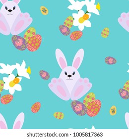 Seamless vector illustration with a bunny and easter eggs on a turquoise background. For decorating children's wallpaper, fabric and packaging.