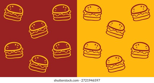 Ilustración vectorial sin fisuras de hamburguesa en un color de tema rojo y amarillo. Perfecto para la marca de restaurantes, empaques y diseños con temas de refrigerios
