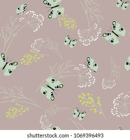 Seamless vector illustration with butterflies and wildflowers in pastel colors. For decorating textiles, packaging and wallpaper.