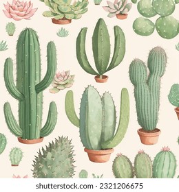 Seamless vector illustration of cactus and succulent pattern. Desert wonder