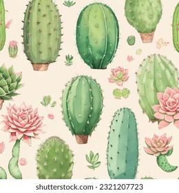 Seamless vector illustration of cactus and succulent pattern. Succulent wonders
