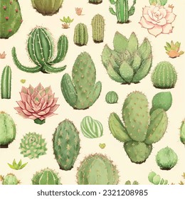 Seamless vector illustration of cactus and succulent pattern. Cactus haven