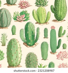 Ilustración vectorial de cactus y patrón suculento. Sueños del suroeste