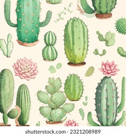 Seamless vector illustration of cactus and succulent pattern. Cactus wonderland