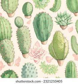 Seamless vector illustration of cactus and succulent pattern. Cactus fantasy