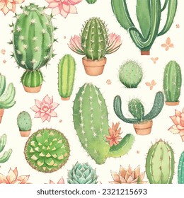 Seamless vector illustration of cactus and succulent pattern. Desert harmony
