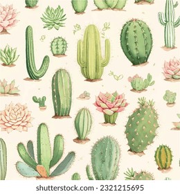 Seamless vector illustration of cactus and succulent pattern. Prickly garden