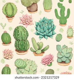 Seamless vector illustration of cactus and succulent pattern. Desert reverie