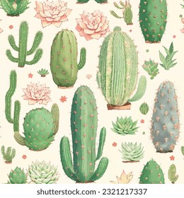 Seamless vector illustration of cactus and succulent pattern. Prickly wonderlands