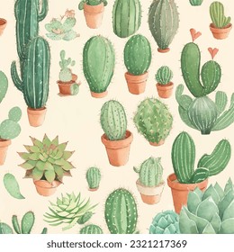 Seamless vector illustration of cactus and succulent pattern. Vibrant succulent medley