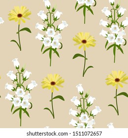 Seamless vector illustration with calendula and campanula on a beige background. For decorating textiles, packaging, web design.