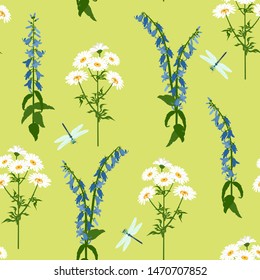 Seamless vector illustration with campanula, chamomile and dragonflies on a green background. For decorating textiles, packaging, web design.