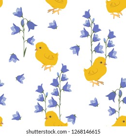 Seamless vector illustration with campanula and chickens on white background. For decorating textiles, packaging and wallpapers.