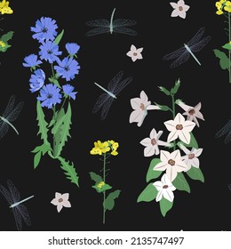 Seamless vector illustration with campanula, chicory flowers and dragonfly on a black background. For decoration of textiles, packaging, wallpaper.